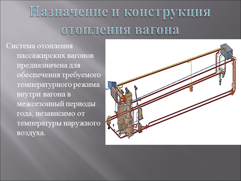 Назначение и конструкция отопления вагона Система отопления пассажирских вагонов предназначена для обеспечения требуемого температурного
